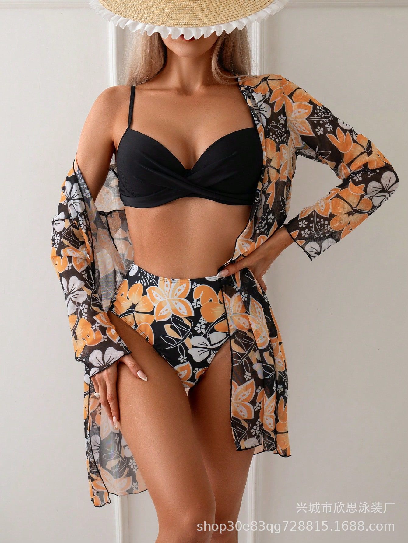 Swimsuit, European and American three-piece outer mesh split swimsuit female bikini S