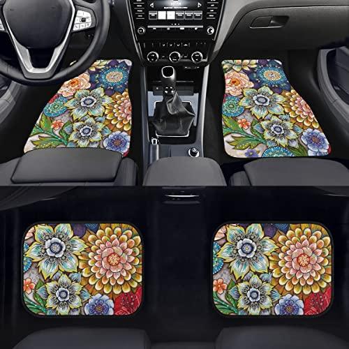 Universal Fit Auto Carpet Floor Mats Set of 4 for Women Girls Decorative Boho Floral Print Car Floor Mats Front & Rear Liners Set