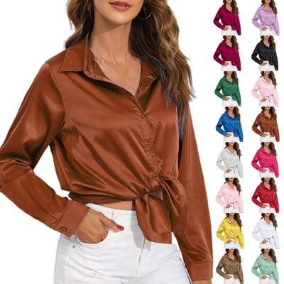 Women's Solid Color Casual Sweet Cardigan Solid Color Satin Color Ding Slim Long Sleeve Shirt Top