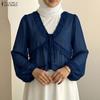 ZANZEA Women Elegant Lace Splice V-Neck See Through Long Sleeve Cover Up Blouse