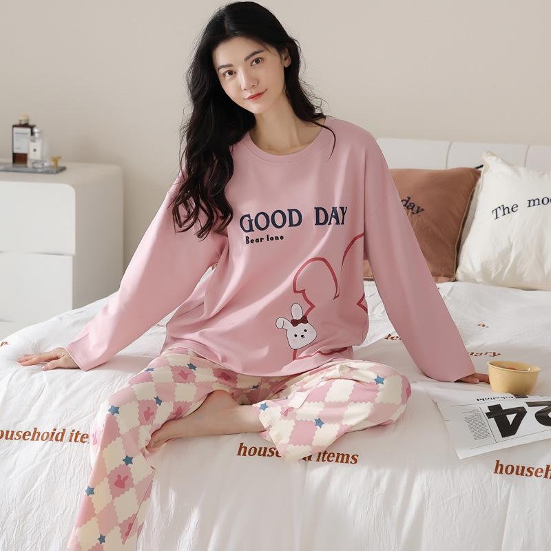 Women's Pure Cotton Long Sleeve Pajamas with Built-in Bra Pads - Cozy for Autumn/Winter, Casual Home Wear, and Suitable for Outdoors.