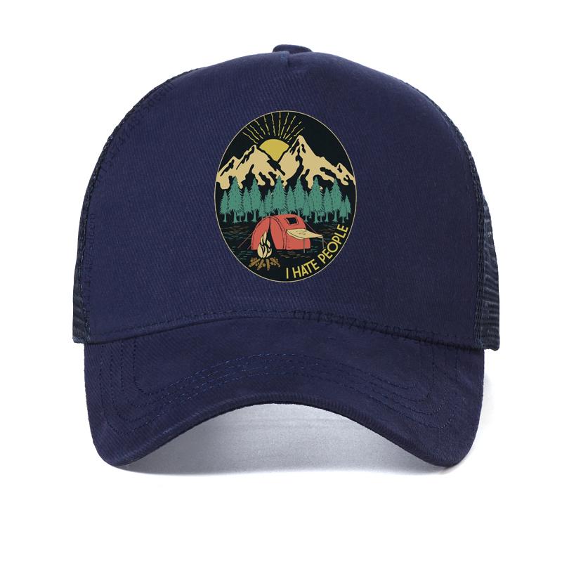 

I Hate People outdoor camping print Baseball Cap Men Women hiking camping Summer cool Mesh Trucker hat bone gorras Adjustable темно-синього кольору