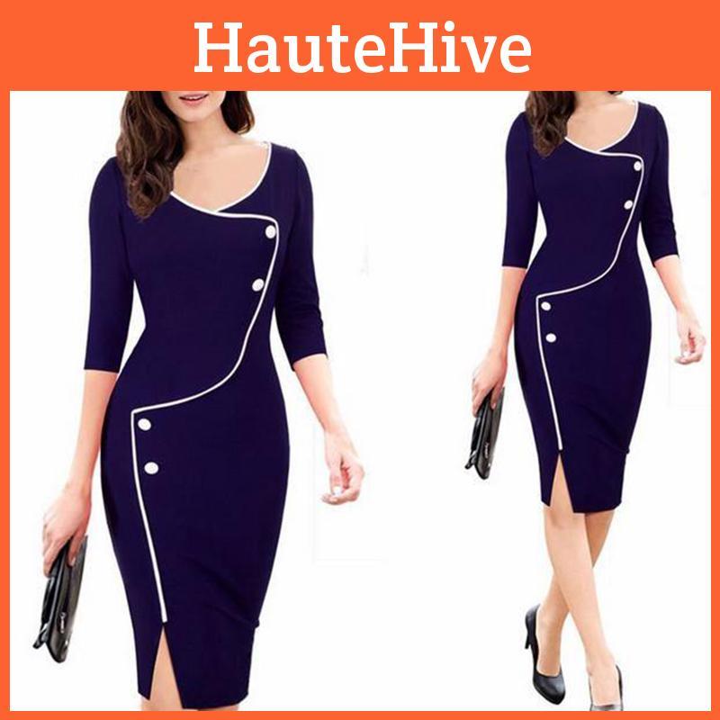 Elegant Womens Vintage Brief Split Bottom Dress With Timeless Deep O-neck Design