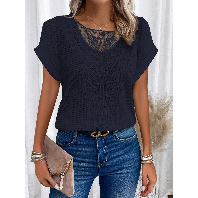 Lace Splicing Crew Neck T-shirt, Casual Short Sleeve Top For Spring & Summer, Women's Clothing