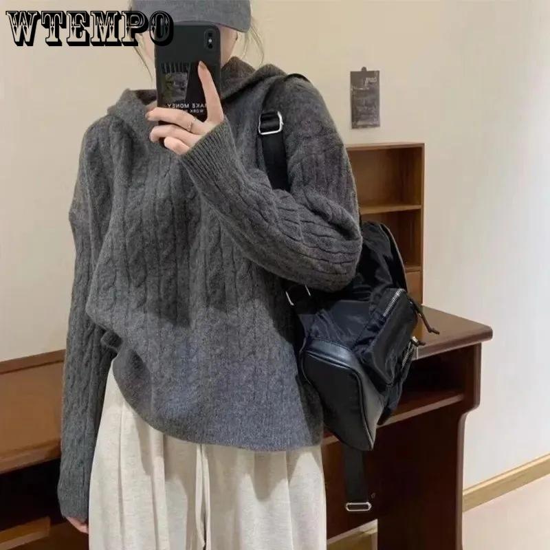 Women's Hooded Sweater Loose Knitted Top Autumn and Winter Solid Color Pullover Sweater