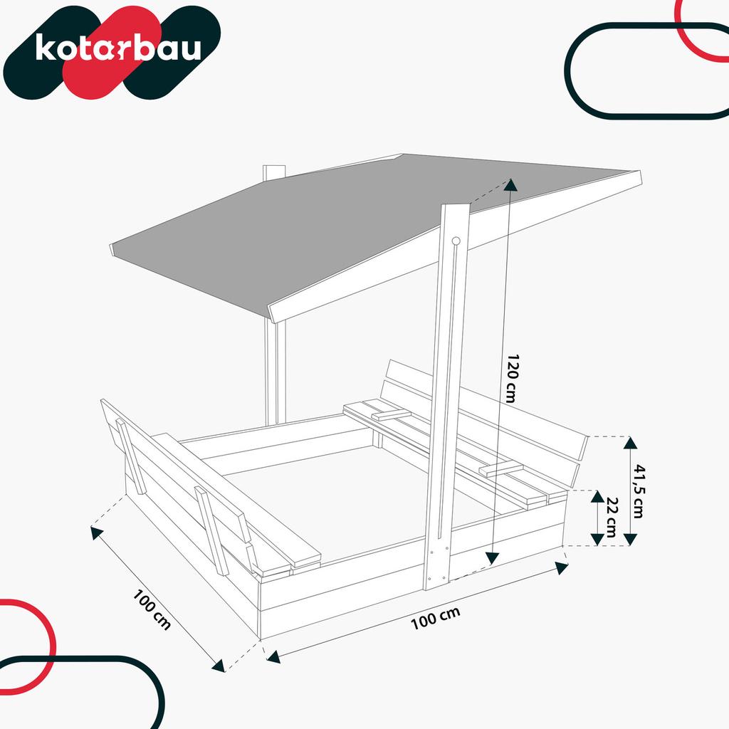 KOTARBAU® Large Wooden Sandbox with Grey Roof, Impregnated, Closed, with Benches, Brown, 100 X 100 CM