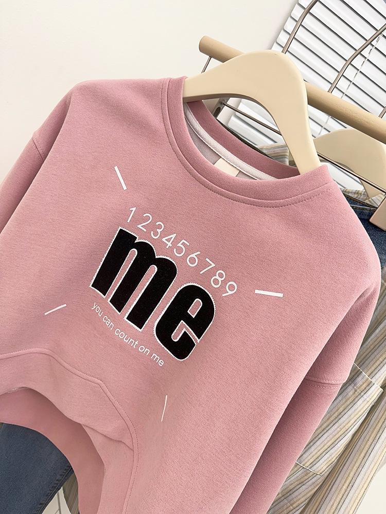 Large American Print Round Neck Pullover: Belly-Covering, Casual, Versatile Long Sleeve Cropped Sweater