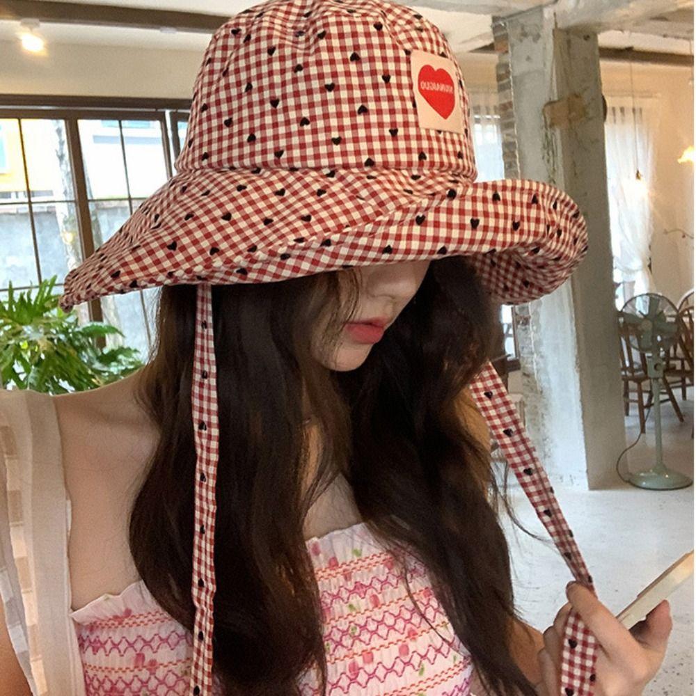 Sun Protection Drawstring Sun Hat Small Lattice Plaid Hiking Cap Hiking Fisherman Hat  Travel