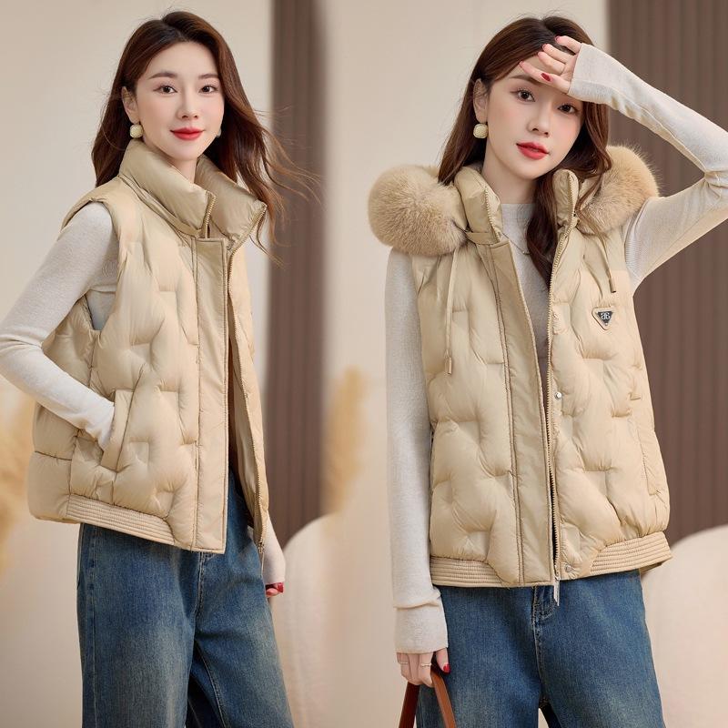 Hooded large fur collar cotton vest removable hat autumn and winter down cotton vest fashion thermal vest jacket batch