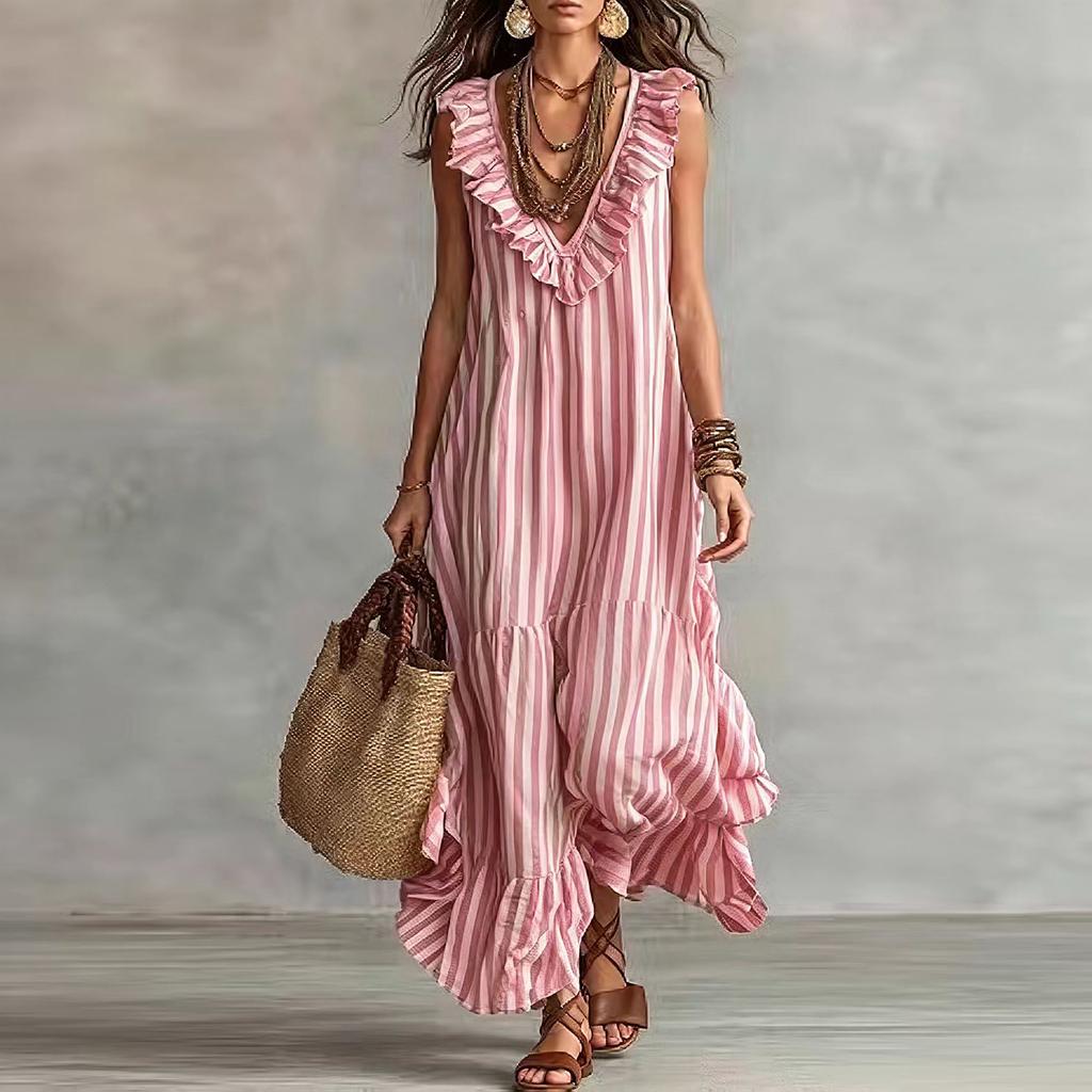 Women's Bohemian Striped Maxi Dress with Ruffle V-Neck Sleeveless Loose Fit for Vacation Travel