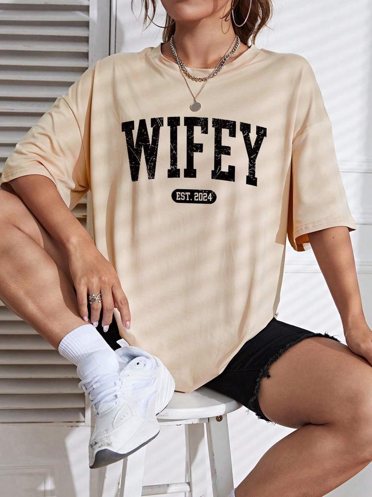 Wifey Est 2024 Zabawny Graficzny T-shirt Damski Oddychający Miękki T-shirt Oversize Modny Krótki Rękaw Bawełniany Streetowy T-shirt