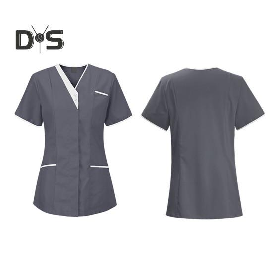 Bluzki pielęgniarskie z dekoltem w serek i krótkim rękawem, patchworkowe, kolorowe, kieszenie, guziki, dekolty, bluzki do chirurgii stomatologicznej, odzież robocza