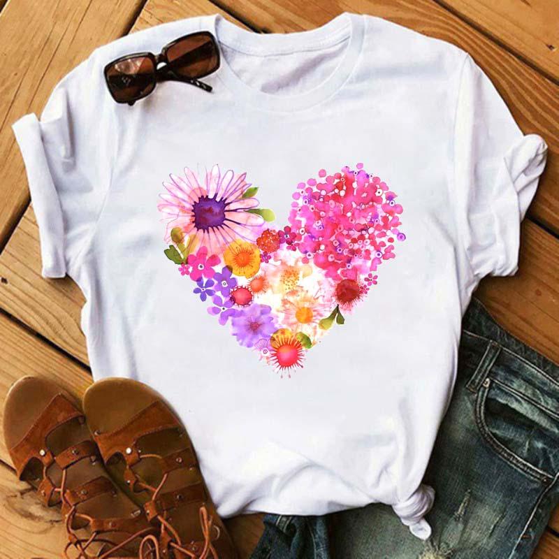 Maycaur Cute Floral Print Women T Shirt Summer Casual Short Sleeve Tshirt Ladies White Flower Tshirt