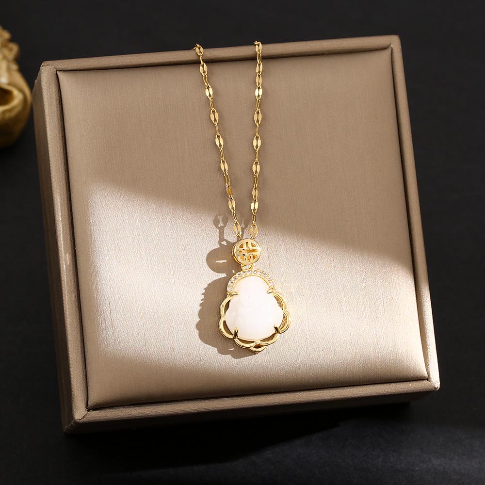 Elegante Pingente de Cabacinha com Fecho de Paz de Jade - Corrente para Clavícula em Aço Titânio no Estilo Chinês Retro