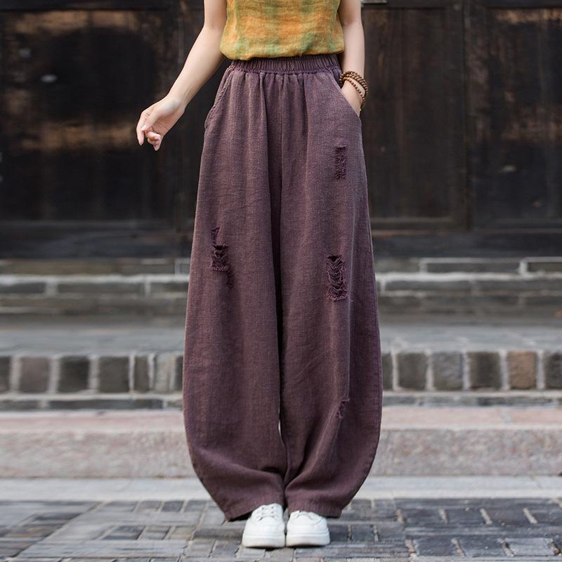 Johnature Women Vintage Bloomers Pants Elastic Waist Autumn Trousers Solid Color Loose Hole Long Pants