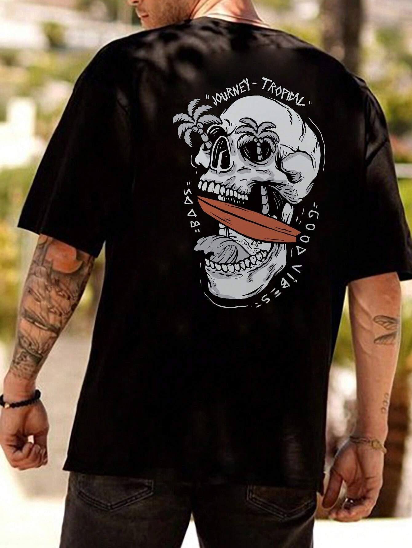 

Summer men s 100% pure cotton casual loose plus size personalized skull pattern printed round neck short sleeved T-shirt top 5XL різнокольоровий