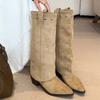 Modă Vintage Toc Gros Femei Cizme Western Cowboy Combinație Nasturi Îmbinare Pantofi Toamnă Iarnă Damă Cizme Lungi Până la Glezne