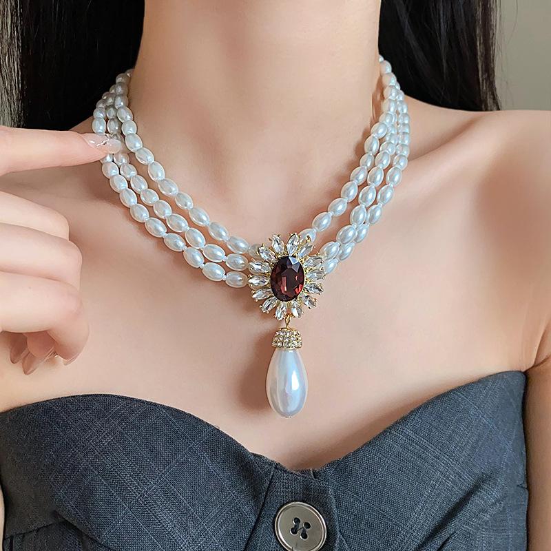 Flower Rhinestone Drop Simulation Pearl Necklace Earring Set French Style Chain Jewelry Sets for Women