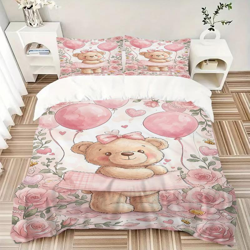 Teddy Bear Balloons Romance Print 3Pcs Bedding Setduvet Cover With 2 Bedropillowcase Home Birthday Gift