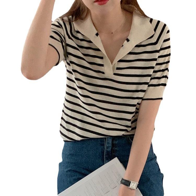 Modă Simplu Vară Retro Rever Dungi Tricot Subțire Pulover Topuri Larg Versatil Drept Mânecă Scurtă Tricou Femei Casual Slim Fit Pulovere Tricouri