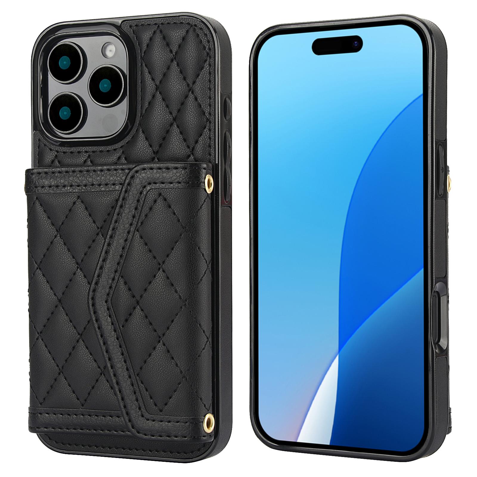 

For iPhone 16 Pro Case Card Holders RFID Blocking PU Leather+TPU Phone Cover with Shoulder Strap Black