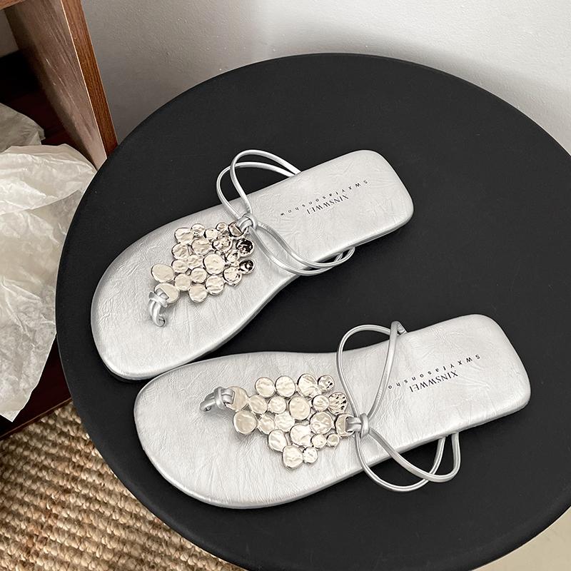 

Летние шлепанцы, модные женские туфли на плоской подошве с застежкой-молнией, удобные шлепанцы, повседневные гладиаторские туфли для отдыха на открытом воздухе 35 серебряный