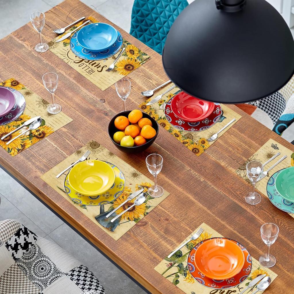 pinata Sunflower Linen Square Spring Placemats Set of 6, Sunflower Kitchen Decor, Vintage Spring Summer Sunshine Gnome Truck Table Mats for Farmhouse