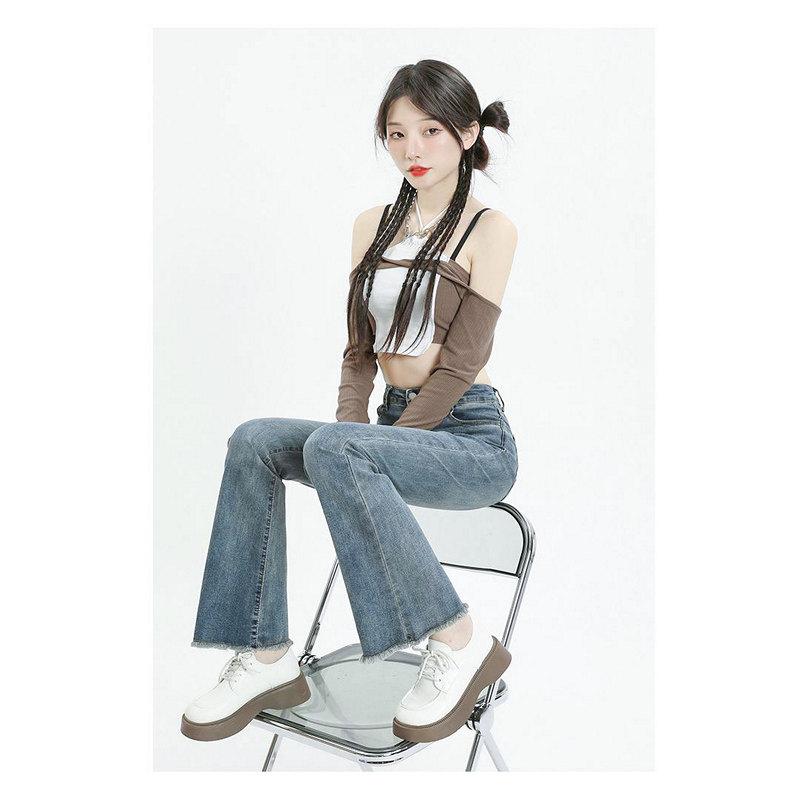 Women's Fashion Slim Fit High Waist Flared Jeans for Petite Figures, Vintage Stretch Frayed Hem Bell Bottom Pants