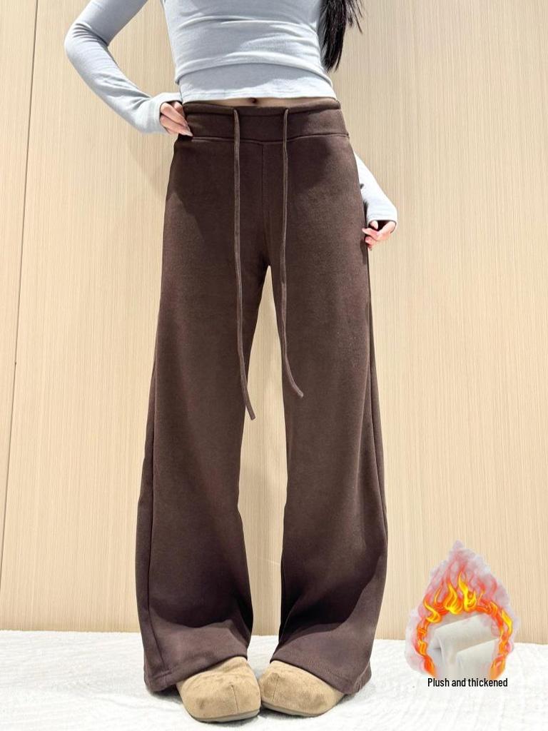 Coffee-Colored Wool-Blend Wide-Leg Velvet Pants for Women - 2025 Autumn/Winter Collection.