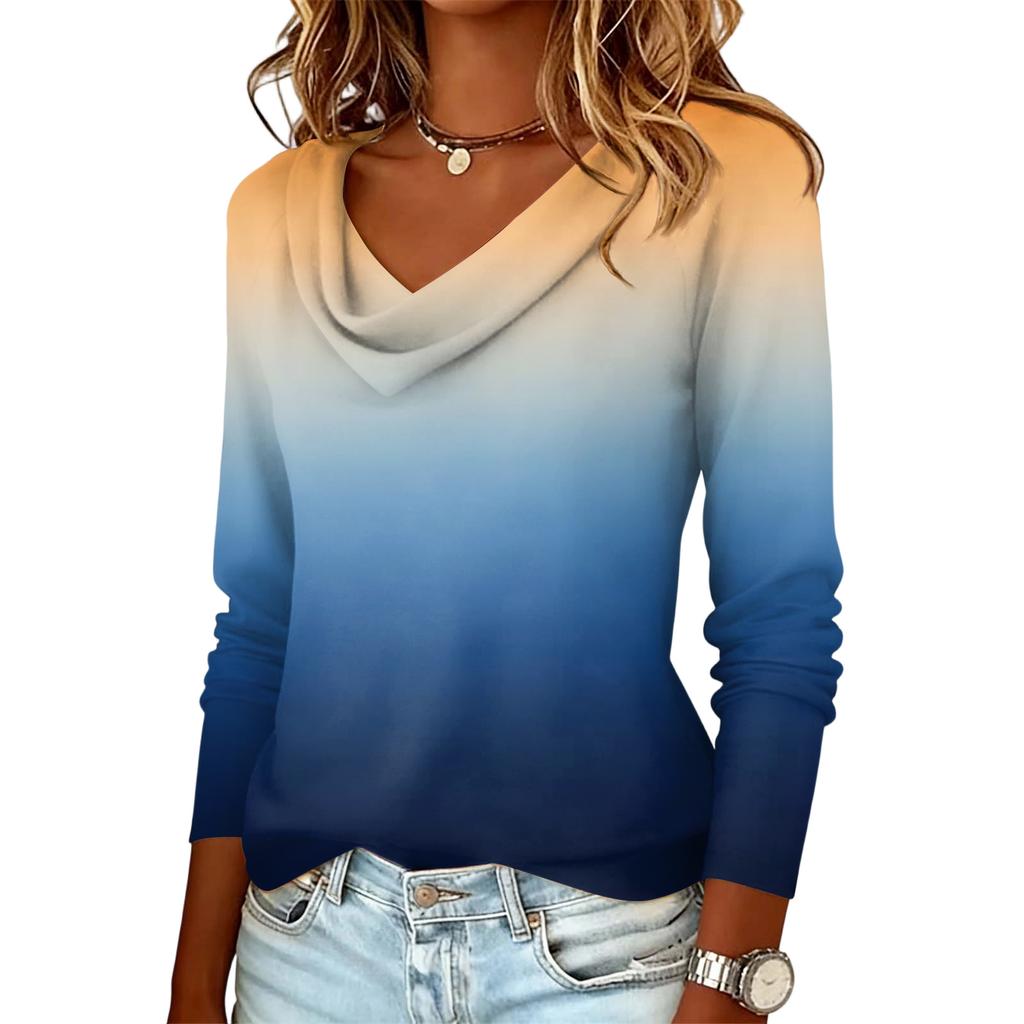 Ladies' Gradient Printed Casual Fashion Long Sleeved Pullover Top