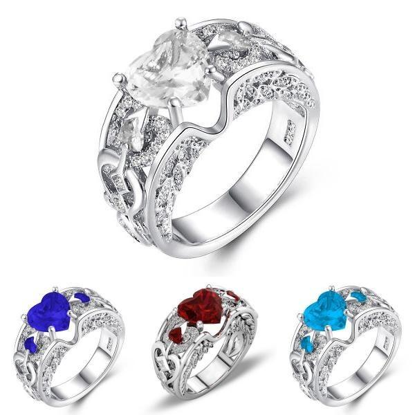 Elegant Women Ladies Rhinestone Princess Heart Shape Jewelry Wedding Ring