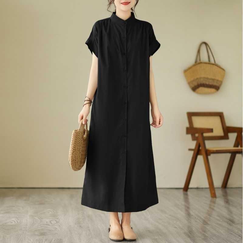 

Блузка с коротким рукавом, стойкой воротником, свободного кроя, повседневная one size fits all чёрный