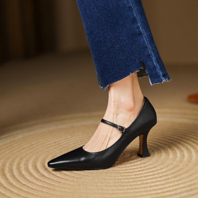 

Four Seasons low-top women s shoes new comfortable women s small leather shoes leather pointed buckle high-heeled large-size shoes stiletto single 40 чёрный