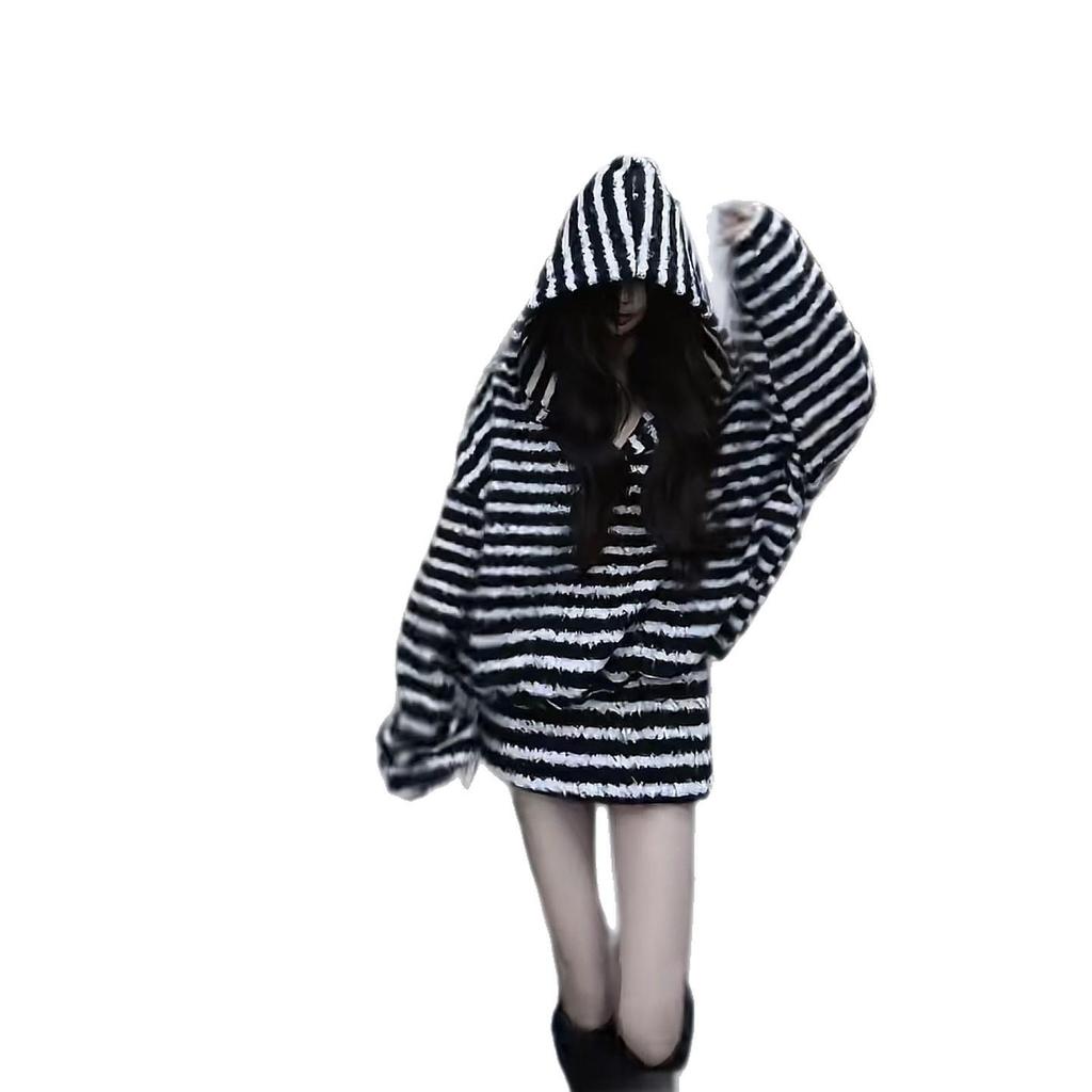 2026 Trendy Winter Full Set: Striped Hooded Sweatshirt & High Waist Skirt