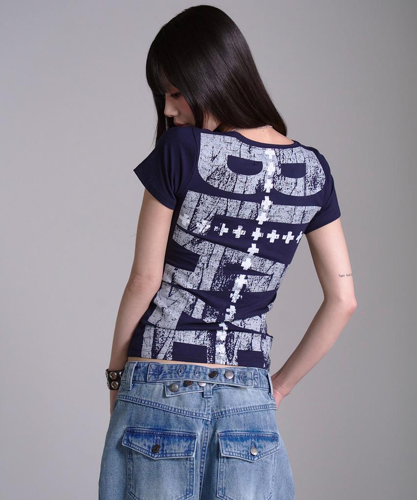 PRENDA Double Cross Back Print Short Sleeve Navy