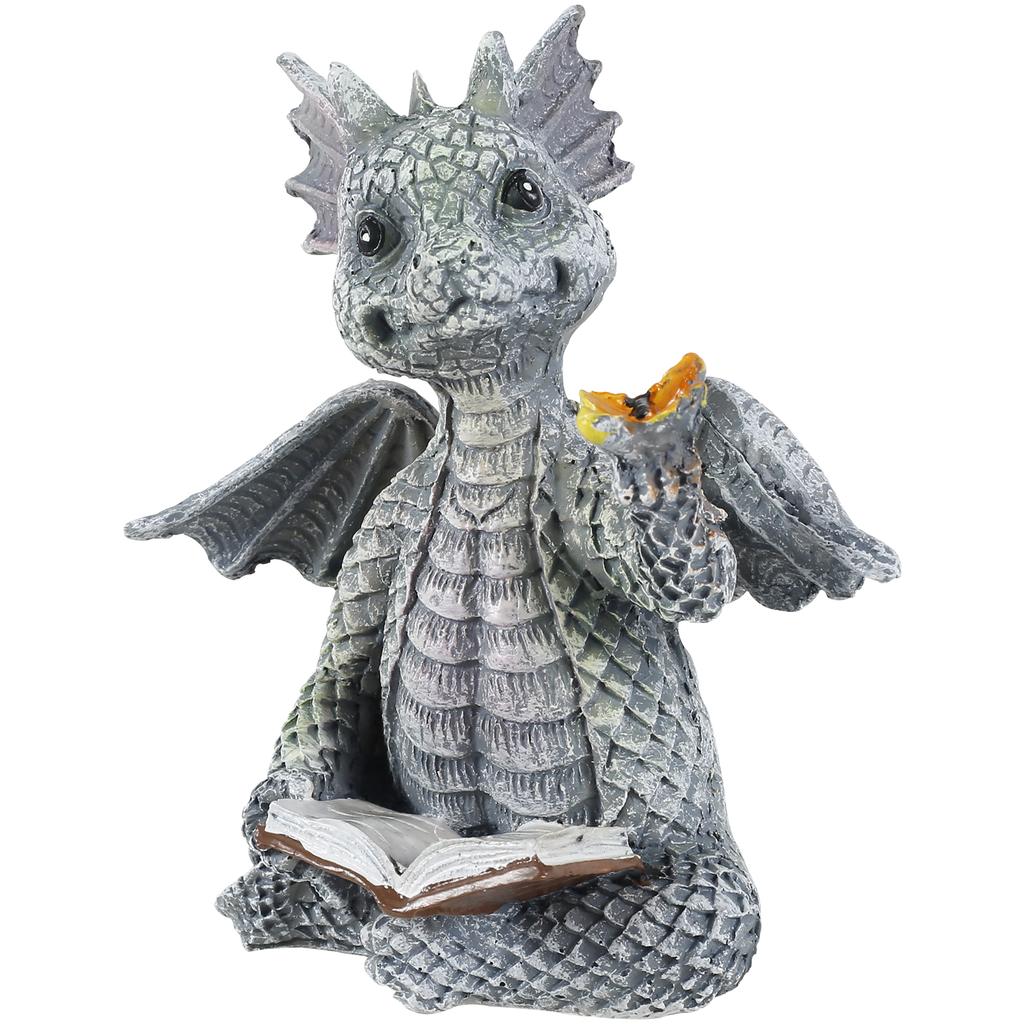 Garden Reading Book Little Dragon Sculpture Cute Dragon Statues Resin Dragon Sculptures Art Ornament for Lawn Yard Home Decor