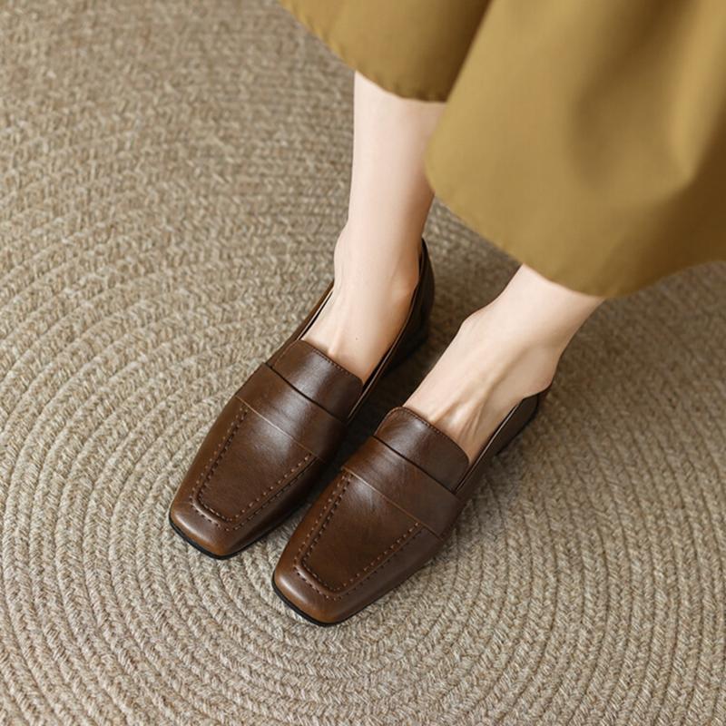 Fashion NEW Spring/Autumn Women Loafers Square Toe Chunky Heel Shoes Split Leather Shoes for Women Concise Low Heel Slip-on Women Pumps