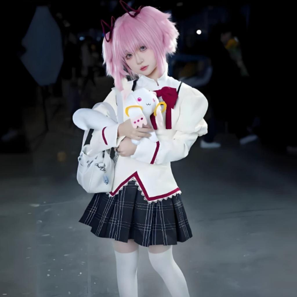 Puella Magi Madoka Magica Schuluniform Cosplay Kostüm Komplettset mit Perücke für Halloween-Party