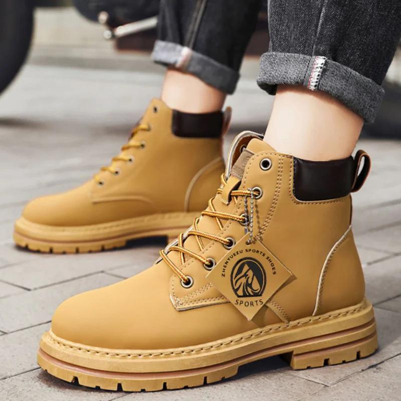 Fashion Men's Boots High Top Ankle Boots Trend Men Shoes Non-Slip Lace-Up Leather Shoes Men Wear-Resistant Hiking Boot Botas Para Hombre