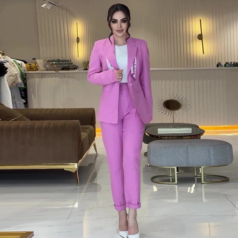 

2024 Европейский и американский женский костюм-двойка однотонный с лацканами и длинными брюками: Повседневный стиль XXL маджента