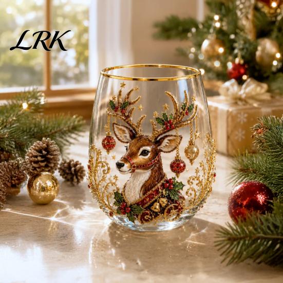 Bicchiere Decorativo Invernale 330ML Tazza d'Acqua Natalizia, Motivo Ghirlanda/Babbo Natale/Alce/Calze/Pupazzo di Neve Bicchiere Decorativo Festivo con Tema Vino, Caffè,