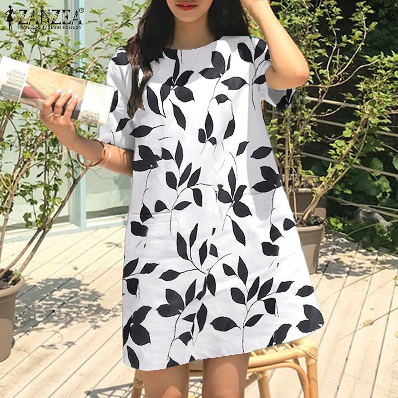 

ZANZEA Женское летнее повседневное свободное мини-платье с коротким рукавом и круглым вырезом с принтом