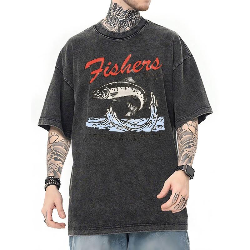 

Washed Cotton T-shirt, Oversized Vintage-style T-shirt Features a Graphic Design with Red Stylized Text Fishers of Men ,Loose Breathable Street S чёрный