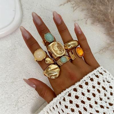 Vintage Trend Colored Resin Geometric Open Ring Set for Women Personality Metal Wrinkling Adjustable Ring Punk Party Zircon Set