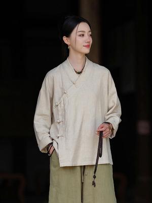 Autumn Cotton Linen Women's Retro Top with Frog Buttons, Asymmetrical Collar, Long Sleeves - Zen Meditation Tea Shirt