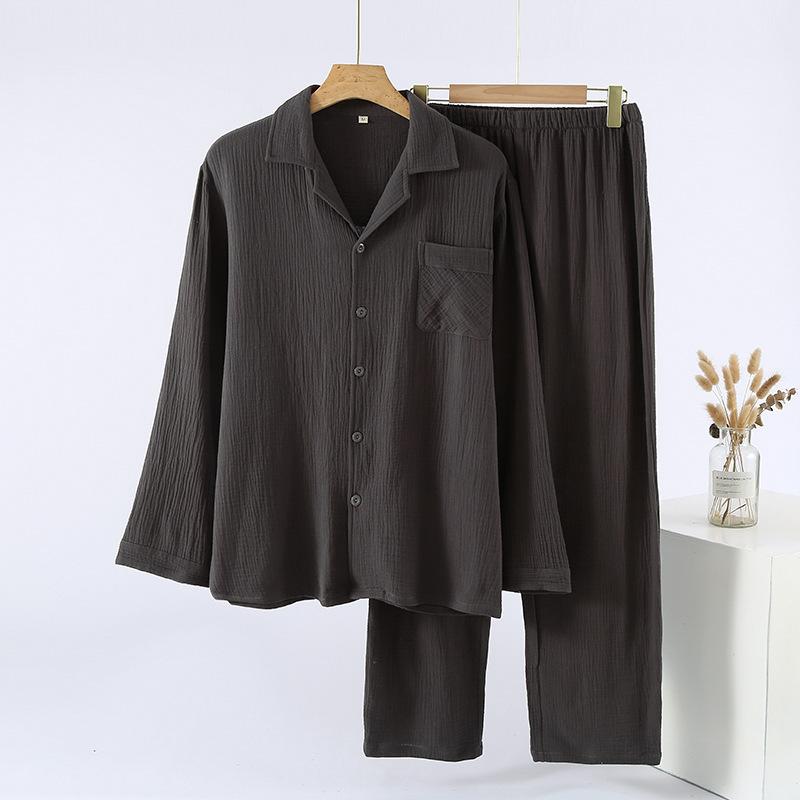 Men's pajamas spring and autumn crepe cloth pure cotton double-layer cotton yarn cardigan homewear loose large size long-sleeved trousers homewear