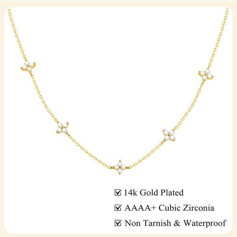 Dainty Lucky Leaf Necklace for Women 925 Silver Trendy 14K Gold Plating Cute White CZ Flowers Pendant Choker Necklaces
