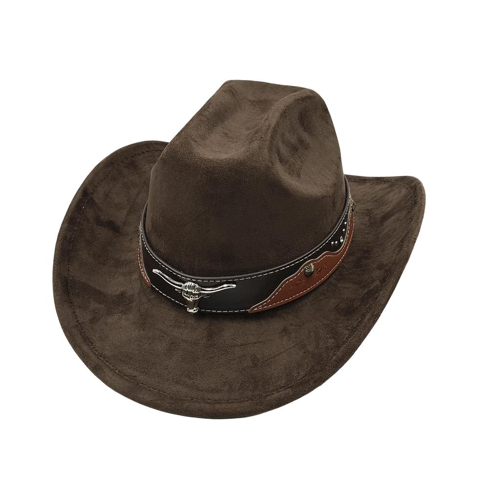 Cow Head Belt Suede Leather 7.5Cm Western Cowboy Fedora Hat Women'S Men'S Church Jazz Hat Fashion Travel Party Hat Denim Hat