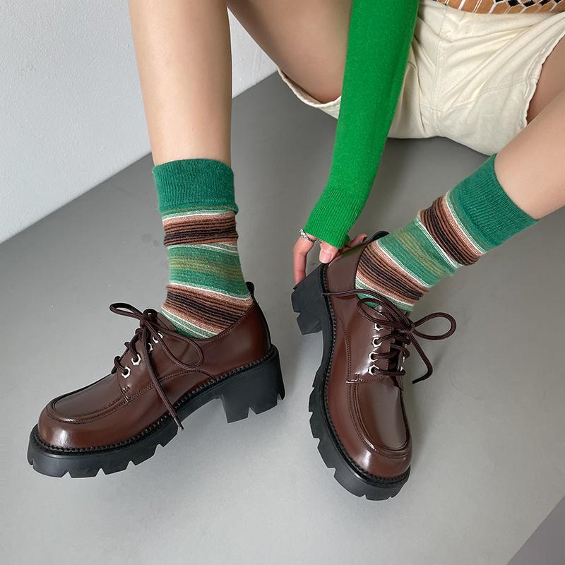 New Fashion Genuine Leather Women Shoes Casual Loafers Round Toe Platform Shoes Shoes Woman Zapatos De Mujer Women Lace -Up