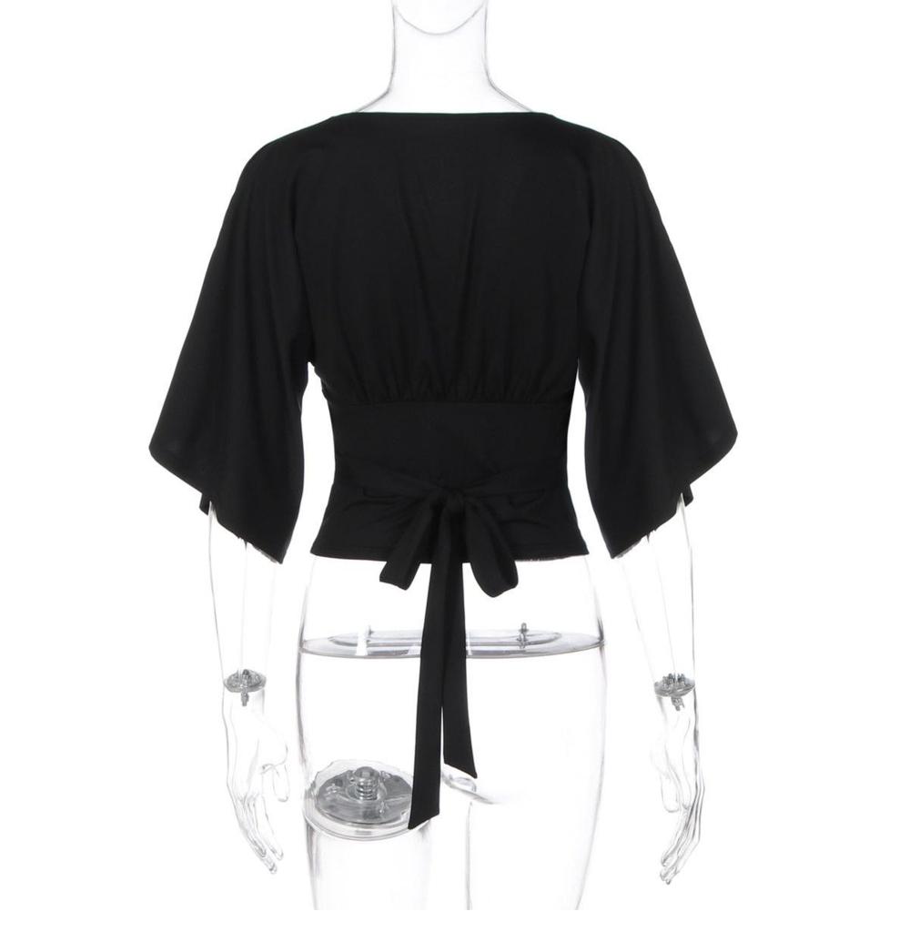 Women's European Deep V-Neck Short Sleeve Tie-Waist Slim-Fit Summer Top